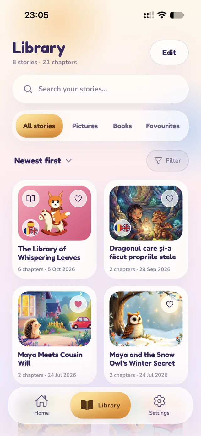 The WanderKid library: a grid of story covers with tabs for all stories, pictures, books and favourites