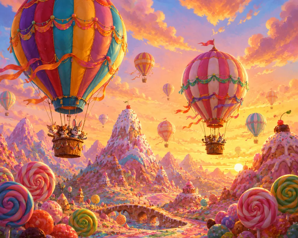 Storybook illustration of hot air balloons racing over a candy mountain at sunset