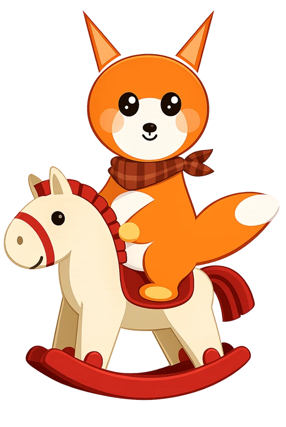 Cosmo the fox on a rocking horse