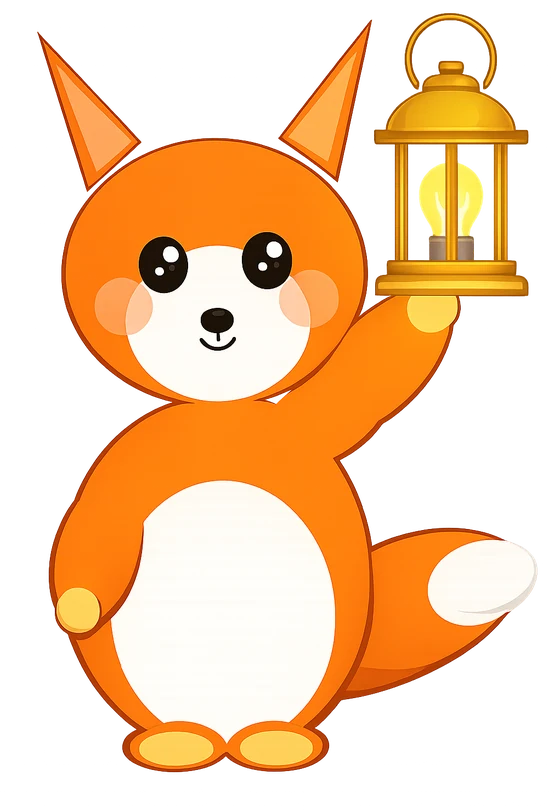 Cosmo the fox, WanderKid's mascot, holding up a lantern