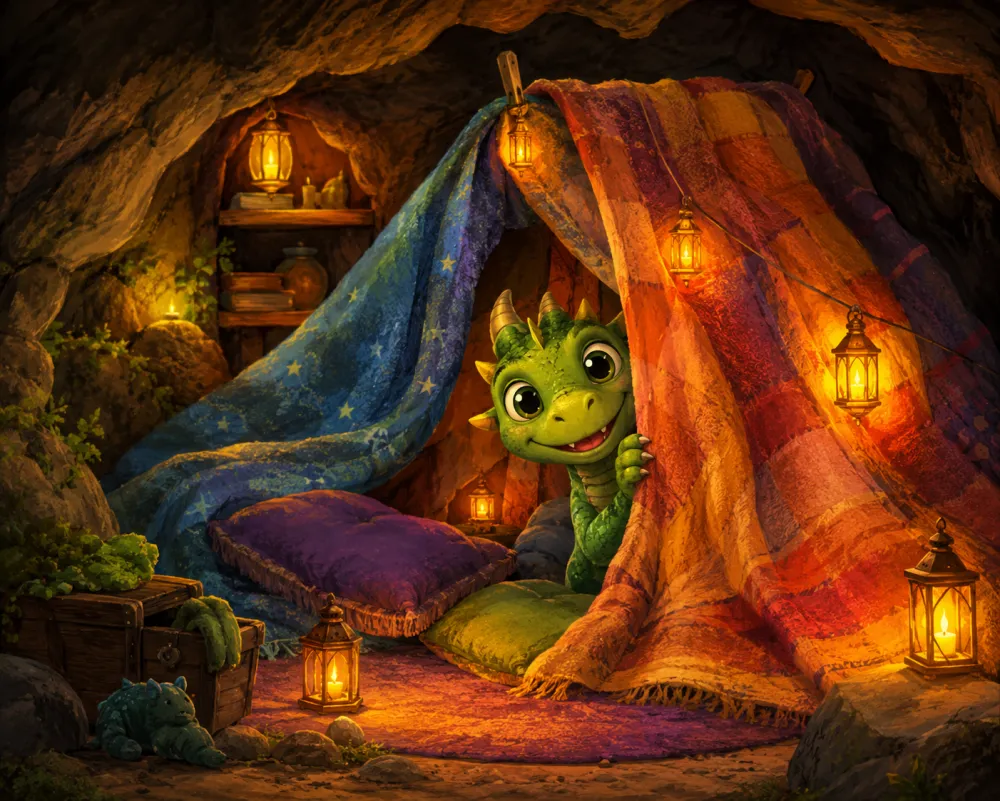 Storybook illustration of a friendly dragon peeking from a blanket fort full of lanterns