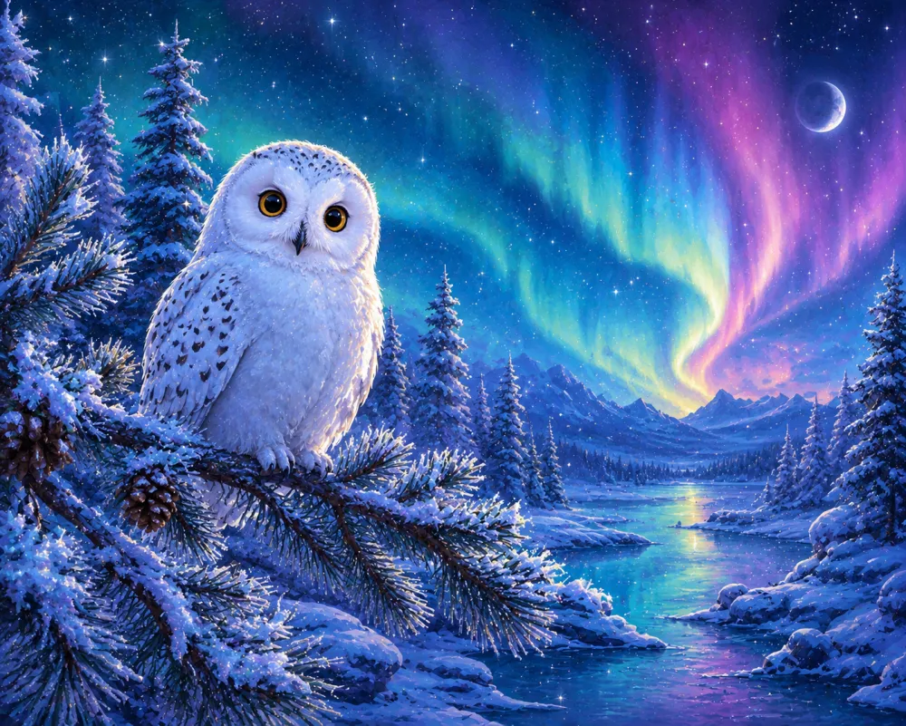 Storybook illustration of a snow owl beneath the northern lights